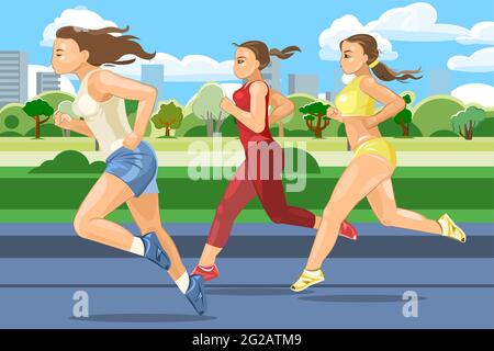 Die Mädchen laufen. Sportlauf. Fitness und gesunder Lebensstil. Flacher Cartoon-Stil. Lauferinnen trainieren in einem städtischen Parkgelände. Leichtathletik für Frauen Stock Vektor