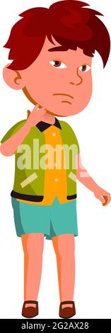Beschämender Junge, der über seine schlechte Tat Cartoon-Vektor denkt Stock Vektor