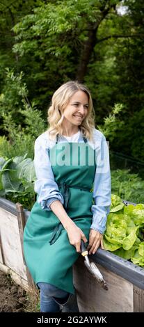 Hübsche blonde junge Frau posiert vor einem erhöhten Bett, Gemüsebeet im Garten und ist glücklich Stockfoto