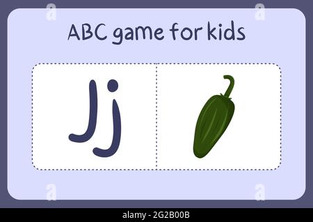 Kind Alphabet Mini-Spiele im Cartoon-Stil mit dem Buchstaben J - jalapeno. Vektor-Illustration für Spiel-Design - Schneiden und spielen. Lerne abc mit Flash-Karten für Obst und Gemüse. Stock Vektor