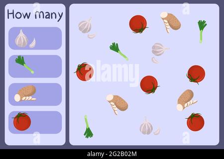 Kids mathematische Mini-Spiel - zählen, wie viele Gemüse - Knoblauch, Lauch, Yam, Tomaten. Pädagogische Spiele für Kinder. Cartoon Design Vorlage auf bunten Hintergrund. Vektorgrafik. Stock Vektor
