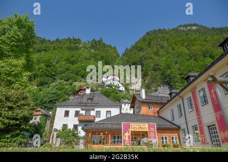 HALLSTAT, ÖSTERREICH - 08. Jan 2021: Typisch österreichisches Alpenhaus mit hellen Blumen auf dem Balkon Stockfoto