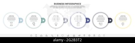 Vektor-Infografiken mit sechs Kreisen. Modernes Konzept 6 Symbole mit Pfeilen für die App, Website, Schnittstelle, Diagramm, Ebenen, Web, Diagramm, Banner Stock Vektor