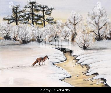 Handgezeichneter Fuchs in Schneeverwehung auf dem Land, mit Acrylfarben auf Leinwand bemalt. Winterlandschaft. Stockfoto