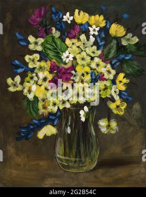 Wunderschöner Strauß bunter Frühlingsblumen in einer Glasvase. Abbildung mit Acrylfarben lackiert. Stillleben. Stockfoto