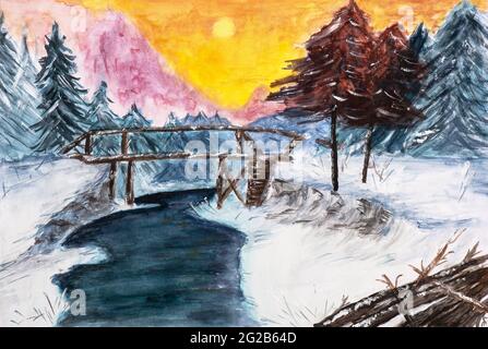 Winterlandschaft mit Fluss und alter Holzbrücke in schneebedeckten Bergen. Bild mit Aquarellen erstellt. Stockfoto