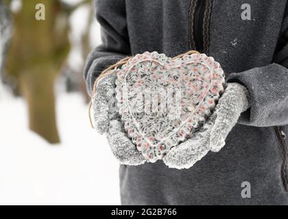 Hände in grauen Handschuhen, die einen herzförmigen hausgemachten Vogelkernkuchen im verschneiten Wintergarten halten. Stockfoto