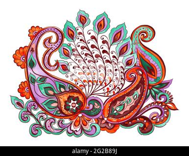 Handgezeichnetes Paisley-Blumenmuster isoliert auf weißem Hintergrund. Farbenfrohes Muster aus Paisley-Designelementen. Stockfoto