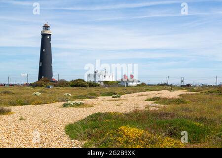 Dungeness Leuchtturm und Kiesstrandlandschaft, kent, großbritannien Stockfoto