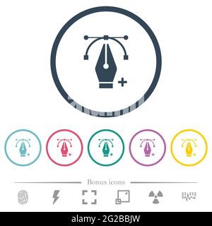 Hinzufügen von Bearbeitungspunkten mit dem Stiftwerkzeug: Flache Farbsymbole in runden Umrissen. 6 Bonus-Symbole enthalten. Stock Vektor