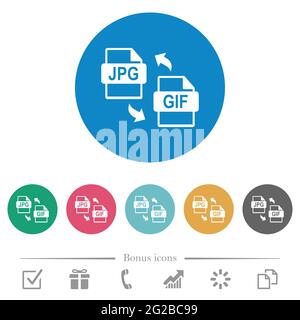JPG GIF-Dateikonvertierung flache weiße Symbole auf runden Farbhintergründen. 6 Bonus-Symbole enthalten. Stock Vektor