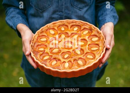 Die Hände des jungen Mädchens halten frisch gebackene Aprikosenpastete mit Mandelnüssen im Garten. Stockfoto