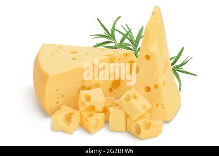 Stück Käse isoliert auf weißem Hintergrund mit Clipping-Pfad Und volle Schärfentiefe Stockfoto