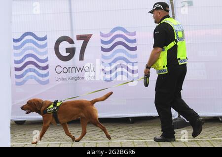 Polizeihund mit Handler im G7-Medienzentrum in Falmouth, vor dem G7-Gipfel in Cornwall. Bilddatum: Donnerstag, 10. Juni 2021. Stockfoto