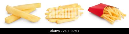 Pommes Frites oder Bratkartoffeln isoliert auf weißem Hintergrund. Set oder Collection Stockfoto