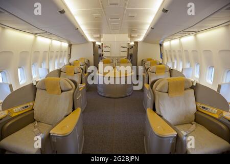 In der First Class-Kabine der Asiana Airlines Boeing 747-400 Stockfoto