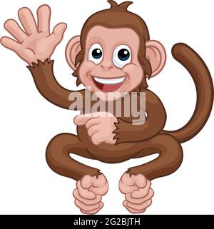 Monkey Cartoon Tier Winken und Zeigen Stock Vektor