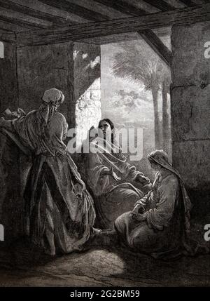 Bibelgeschichte Illustration von „Jesus im Haus von Martha und Maria“ - Martha bereitet Essen vor, während Maria sitzt und auf Jesus hört (Lukas 10:41-42) vorbei Stockfoto