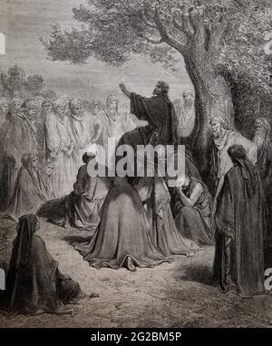 Bibelgeschichte Illustration von "Jesus predigt der Menge" (Lukas 12:29-31) von Gustave Dore Stockfoto