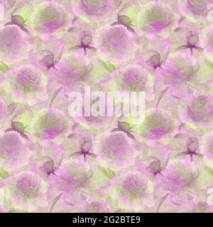 Aquarell rosa Pfingstrosen Blumen. Wunderschönes, nahtlos gestimmtes Blumenmuster. Aquarell handgezeichnet Frühling botanische rosa gelb grün Illustration. Drucken für Stockfoto