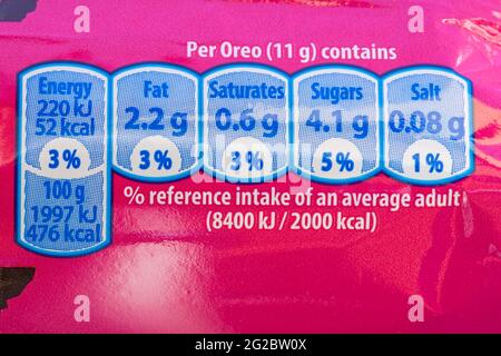 nutritional information reference intake labelling information on packet of Original Oreo Vanilla flavour biscuits Lady Gaga Stockfoto