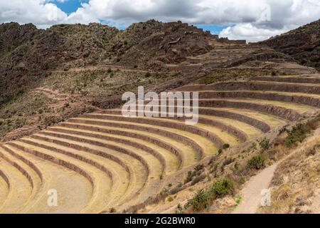 Archäologischer Park Pisac, Calca, Cuzco, Peru am 9. Oktober 2014. Ruinen und Touristenbesichtigungen. Stockfoto