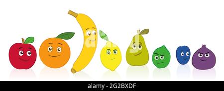 Komische Früchte, regenbogenfarbenes Set mit lächelnden und lustigen Gesichtern. Apfel, Orange, Banane, Zitrone, Birne, Limette, Pflaume und Feige - Illustration auf Weiß. Stockfoto