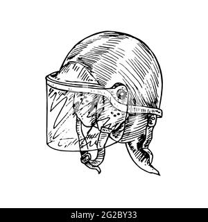Polizei taktische Anti-Riot-Helm, Tiefdruck-Stil Tinte Zeichnung Illustration isoliert auf weiß Stockfoto