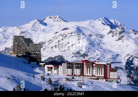 FRANKREICH, SAVOIE (73) TARENTAISE-TAL, VANOISE-GEBIRGE, SKIGEBIET LA PLAGNE, AIME LA PLAGNE Stockfoto