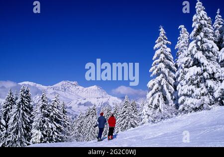 FRANKREICH, SAVOIE (73) VAL D'ARLY, SKIGEBIET ESPACE DIAMANT, SKIGEBIET CREST-VOLAND, IM HINTERGRUND DIE ARAVIS-BERGE Stockfoto