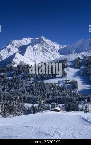 FRANKREICH, HAUTE-SAVOIE (74) SKIGEBIET SAINT-NICOLAS-DE-VEROCE, SKIGEBIET EVASION MONT-BLANC VON MEGEVE UND SKIGEBIET SAINT-GERVAIS, PISTE IN DER NÄHE VON LA GRA Stockfoto