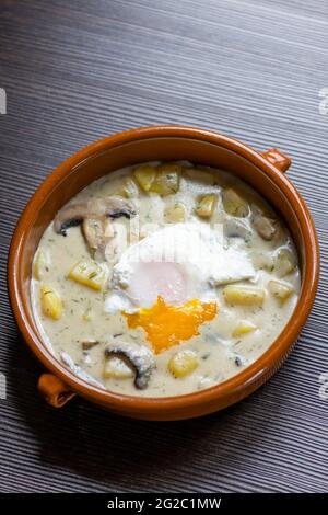 Dillsuppe mit pochiertem Ei Stockfoto