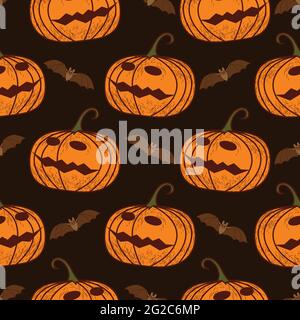 Nahtloses Muster auf dunklem Hintergrund am Feiertag - Halloween. Kürbisse, ein Geist, eine Fledermaus. Vektorgrafik Stock Vektor