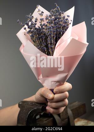 Lavendelbukett in mans Hand. Strauß violetter Blüten in rosa Papierumhüllung, Vorderansicht Stockfoto