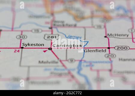 Carrington North Dakota USA auf einer Road- oder Geografie-Karte angezeigt Stockfoto
