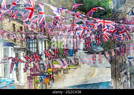 Kleine Union Jack Flags auf der anderen Straßenseite - Digital Watercolour, Nidderdale, North Yorkshire, England, Großbritannien. Stockfoto