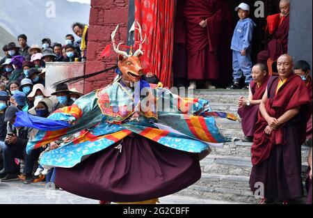 Lhasa, Chinas autonome Region Tibet. Juni 2021. Ein buddhistischer Mönch führt Cham-Tanz im Drigung-Kloster in Lhasa, südwestlich der Autonomen Region Tibet, auf, 9. Juni 2021. Cham-Tanz ist ein maskiertes und kostümiertes Ritual, das von tibetisch-buddhistischen Mönchen durchgeführt wird. Quelle: Chogo/Xinhua/Alamy Live News Stockfoto