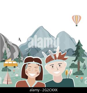 Sommer Camping-Landschaft mit glücklichen Kindern in Stammeskleidung gekleidet. Berge Hintergrund. Wochenende im Trailer. Cartoon-Vektor flache Illustration Stock Vektor