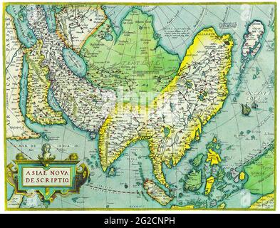 Alte Karte von Asien, Retro Asien Karte, Vintage Asien Karte, Antike Asien Karte, Antike Landkarten der Welt, Retro Asien Karte, Abraham Ortelius, 1570 Stockfoto