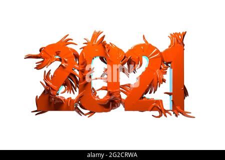 Happiness for the New Year 2021 Schriftzug aus rot glänzendem Kunststoff oder Metall. Die Oberfläche ist mit scharfen Spitzen bedeckt, die auf weißem Hintergrund isoliert sind Stockfoto