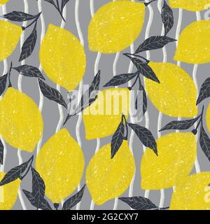 Zitronen Handgezeichnetes Nahtloses Muster für Stoff, Tapeten und Textilien. Trendy Obst Sommer frisch nahtloser Hintergrund. Stockfoto