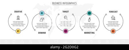 Minimale Infografiken mit fünf Linienkreisen. Vektor Moderne Visualisierung von 5 Schritt für Schritt Zeitleiste Konzept. Vorlage für Banner Stock Vektor