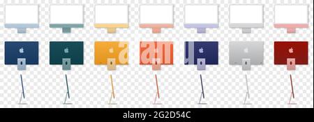 Vinnytsia, Ukraine - 10. Juni 2021: Kollektion des neuen iMac 24 in allen Farben. Vorder-, Rücken- und Seitenansicht. Realistisches Modell. Redaktionelle Vektor isoliert o Stock Vektor