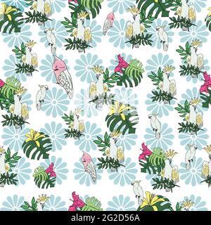 Vektor weißen Hintergrund tropische Vögel, Papageien, exotische Käsepflanze, Monstera, Hibiskusblüten. Nahtloser Musterhintergrund Stock Vektor