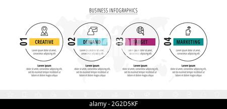 Linienvektor-Infografiken mit vier Kreisen und Symbolen. Vorlage mit 4 Schritten für Diagramm, Web, Banner, Präsentationen, Flussdiagramm, Inhalt, Ebenen, Diagramm Stock Vektor