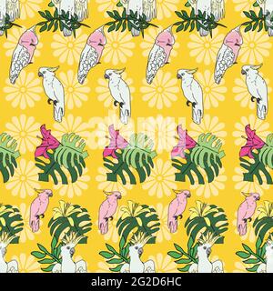 Vektor pastellgelb Hintergrund tropische Vögel, Papageien, exotische Käsepflanze, Monstera, Hibiskusblüten. Nahtloser Musterhintergrund Stock Vektor