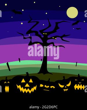 Halloween-Banner mit Kürbissen und Baumsilhouetten auf Nachtschicht. Die herbstliche, unheimliche Landschaft Weihnachtsfiguren, Himmel mit Sternen, leuchtende Augen. Hap Stock Vektor