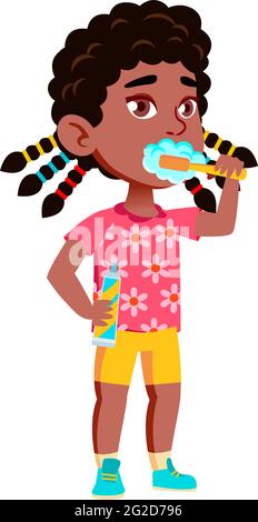 afrikanisches Mädchen Kind Zähneputzen mit Zahnpasta im Badezimmer Cartoon-Vektor Stock Vektor