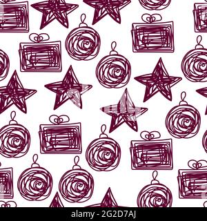 Weihnachtliches Nahtmuster. Violette Weihnachtsgeschenke, Kugeln, Sterne auf weißem Hintergrund. Neujahr handgezeichnetes Vektor-Ornament für Tapeten, Poster, wra Stock Vektor