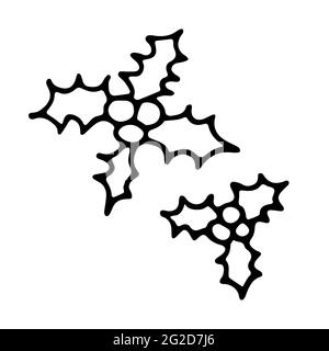 Festliches Doodle Stechpalme-Set. Handgezeichnete Pflanze isoliert auf weißem Hintergrund. Zeichnen Sie scharfe Blätter ab. Niedliches Symbol für ein glückliches neues Jahr, frohe Weihnachten, Stock Vektor